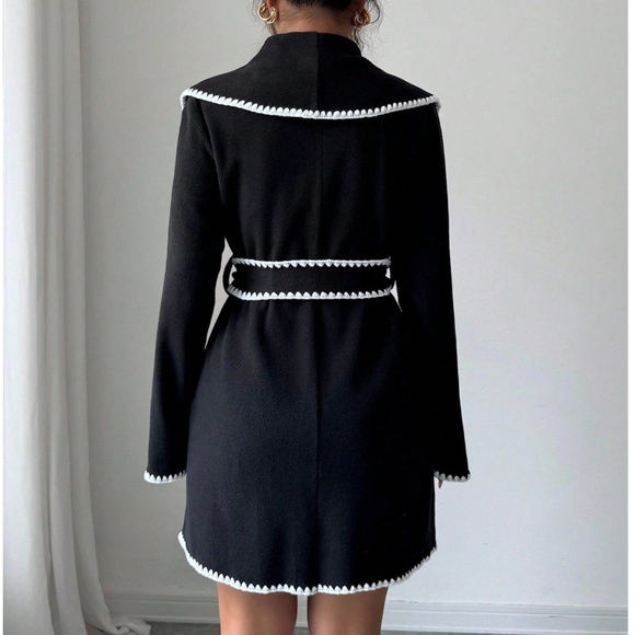 Solid Wide Collar Color block Belted jacket Coat - Picture 5 of 8